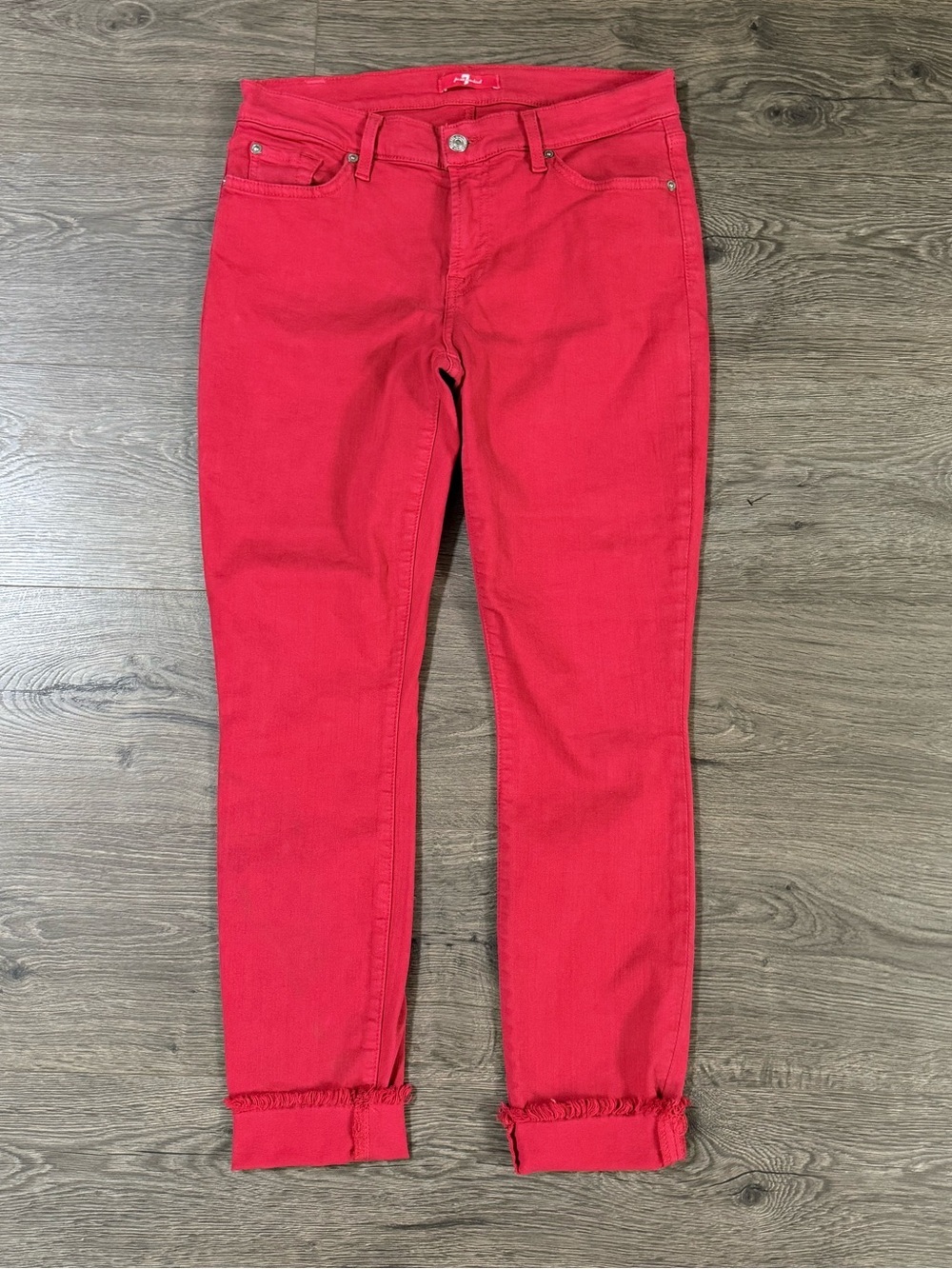 7 For All Mankind Frayed Hem Bright Red Berry Jeans Size 29